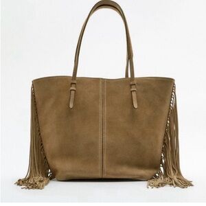 Zara Suede Fringe Tote in Taupe Brown